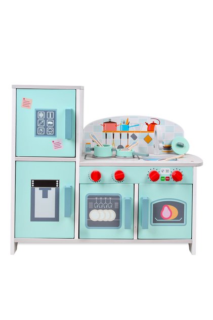 Wooden Kitchen w/ Refrigerator and Accessories - Teal