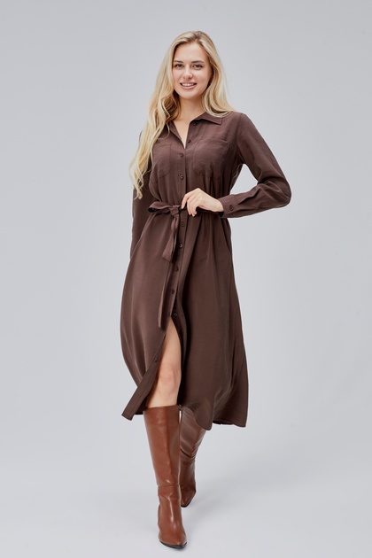 Brown Regular Belted Shirt Dress