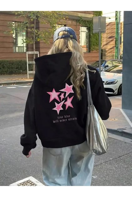 Unisex Pink Stars Printed Oversized Hooded Sweatshirt