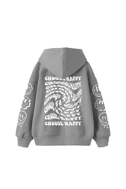 Choose Happy Printed Oversize Unisex Gray Hoodie