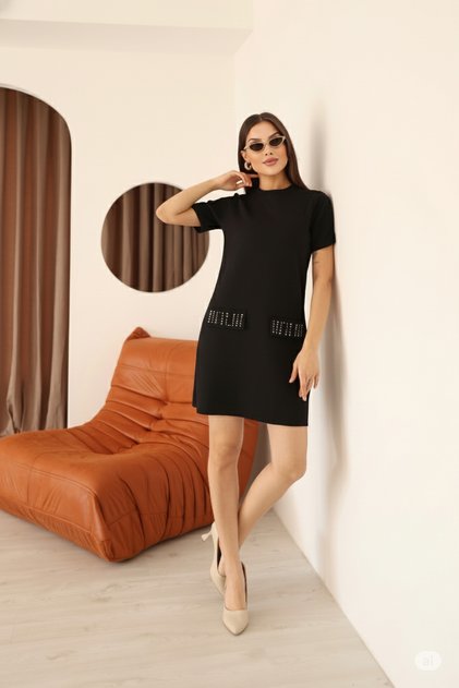 Black Suede Crew Neck Stone Embroidered Mini Dress | Slim Fit Short Sleeve Above Knee Casual Daily Stylish Dress | Pocket Detailed Stone Detailed Suede Women's Dress