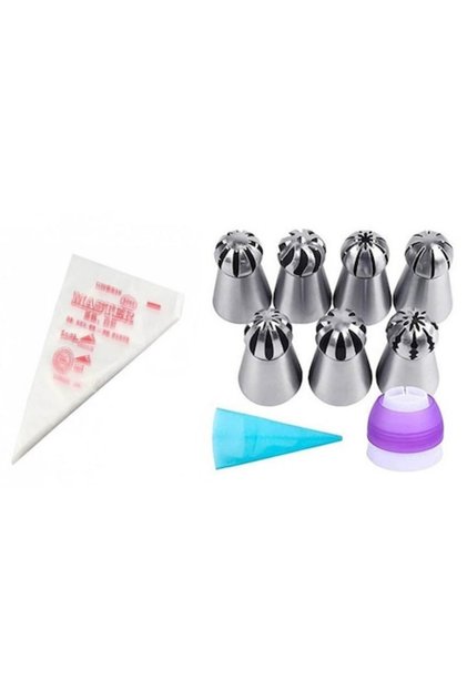 Set de 10 piese pentru decorarea torturilor și produselor de patiserie: 7 duze, poș de ornat din silicon, adaptor, 100 de pungi de unică folosință