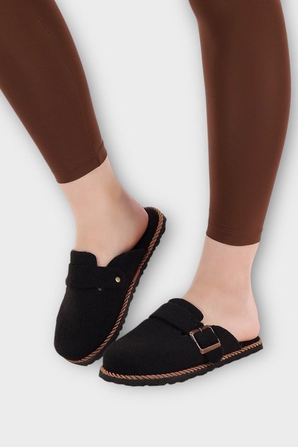 Felt Fabric House Slippers with Buckle Black