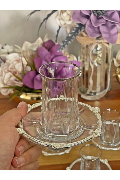 New Zeo Silver Gilt (Genuine) Silver Circle Detail 12 Pieces Tea Set for 6 People Tea Set Glass