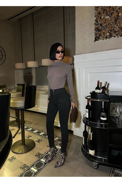 Kadın Siyah Yüksek Bel Likralı Fleto Cep Detay Skinny Dar Paça Jean