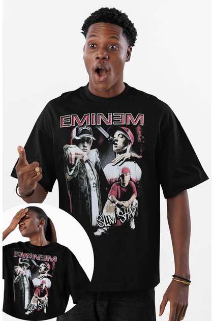 Unisex Vintage Eminem Rap Printed Black T-Shirt, Oversized Rapper Themed Crew Neck T-Shirt
