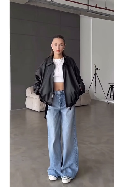 Oversized Belted Bomber Leather Jacket