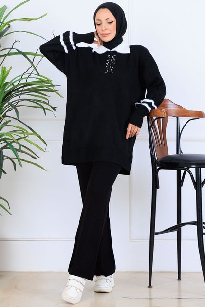 Stone Embroidered Knitwear Set S1009 Black