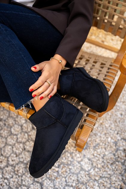 Toxy Black Suede Fur Inside Flat Sole Women's Boots