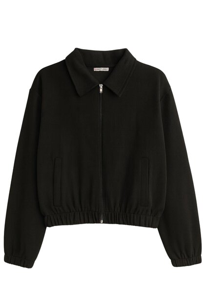 4764 Women's Basic Zippered Corded Fabric Knitted Thessaloniki Jacket Black