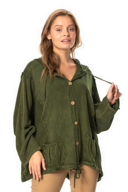 Long Sleeve Ceren Mesh Button Detailed Double Pocket Winter Hooded Knitwear Blouse Khaki Hk