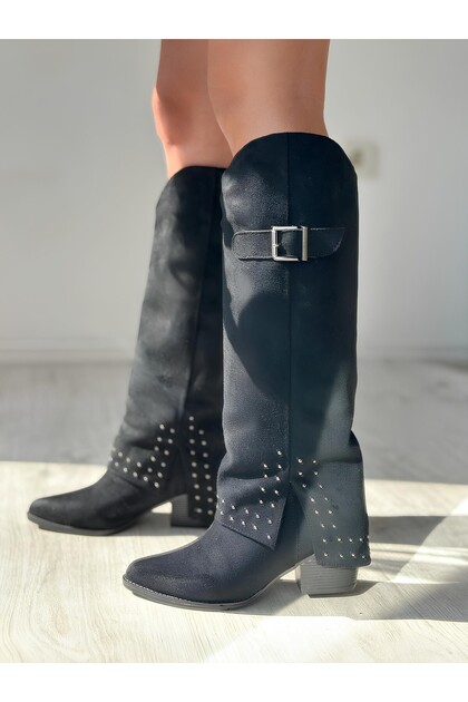 Black Suede Leg-Lengthening Pointed Toe Long Boots with Troc Detail