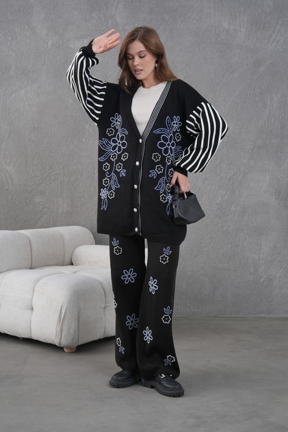 Women's Beaded Embroidered Wide-Fit Knit Cardigan and Pants Top and Bottom Set
