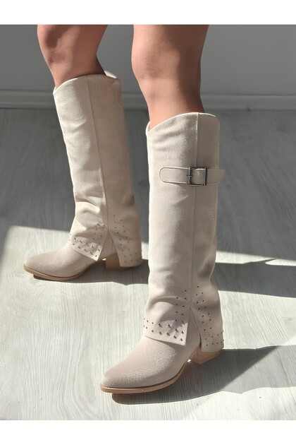 Beige Suede Leg-Lengthening Pointed Toe Long Boots with Troc Detail