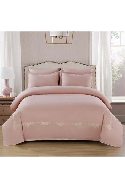 6Pc Plush Cotton Luxurious Embroidery King Size Pink Floral Comforter Set