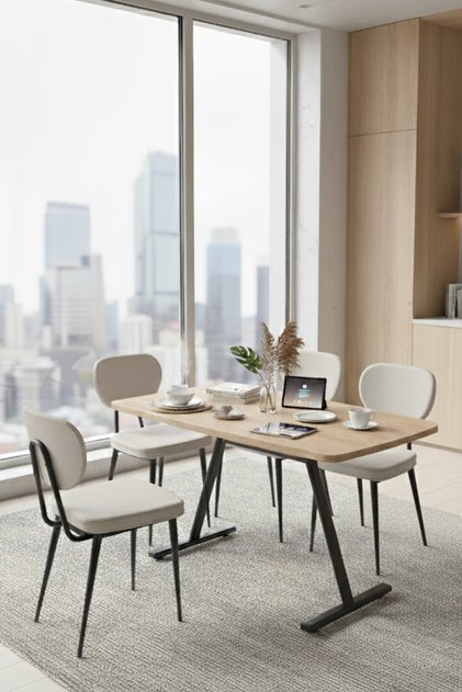 Deniz Sandalye Tatvan MDF Sabit Metal Ayak Mutfak Masası Takımı - 70x120 cm