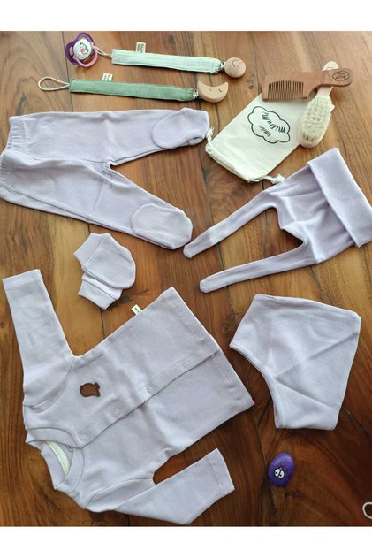 Newborn, 95% Cotton, 5% Lycra, Set of 7, Lilac Color Hospital Release Set (with Comb and Brush as a Gift) (Waterproof Lockable Organizer Bag as a Gift)