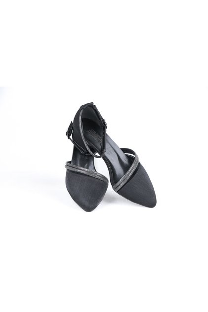 3 cm Black Satin Stone Heeled Women's Shoes