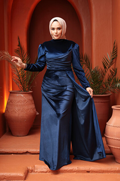 N.S NEVA STYLE - Navy Blue Hijab Velvet Evening Dress with Tail Detail  57912L- Trendyol