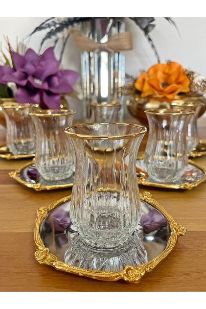 12-Piece Tea Set for 6 People, with Silver Plates and Gold Detailed Gilded Cups.