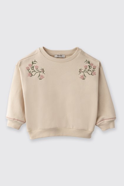 Baby Girl Embroidery Detailed Soft Textured Beige Sweatshirt
