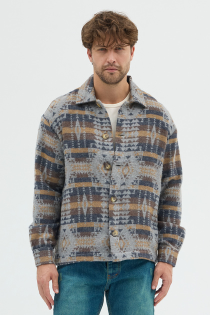 Erkek Oversize Rahat Kesim Bej Etnik Kilim Desenli Kalın Ceket Gömlek Overshirt
