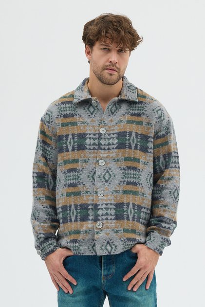 Erkek Oversize Rahat Kesim Bej Etnik Kilim Desenli Kalın Ceket Gömlek Overshirt