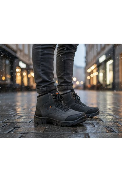0001 Black Men's Boots with Fur Inside, Water and Snow Resistant, Winter Zipper Outboor Trekking Boots