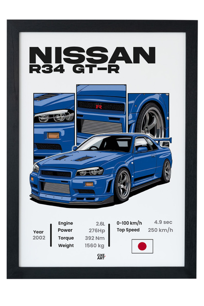 gxe.art Nissan Skyline GT-R R34 Ahşap Çerçeveli Poster – Otomobil