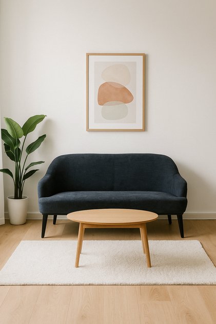 Modern Blue Two-Seater Sofa – Elegant Fabric Couch with Minimalist Design & Tapered Legs