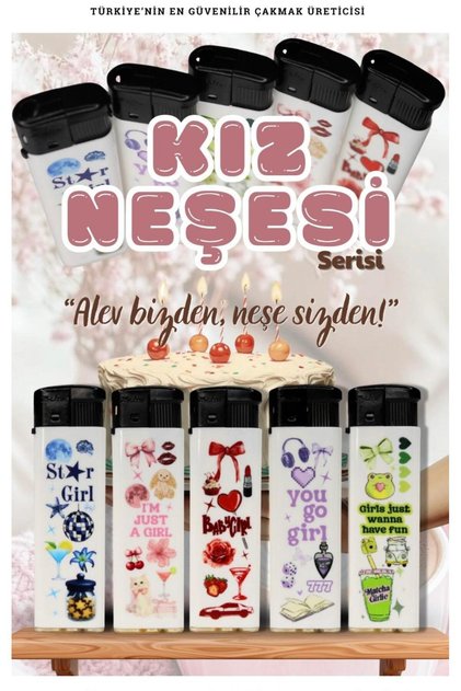 Kız Neşesi Temalı 5 Farklı Renk ve Yazılı Doldurulabilir 5 Adet Çakmak