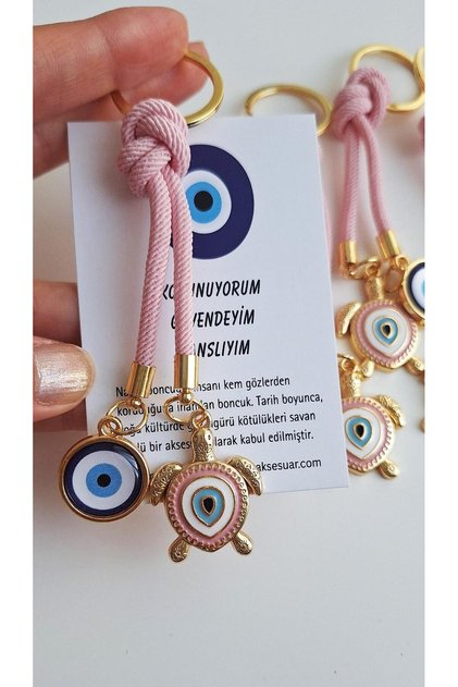 Gift Candy Pink Turtle Detailed Evil Eye Beaded Keychain