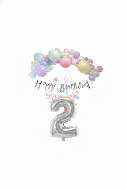 İstoç Happy Birthday Written Calligraphy Banner Macaron Balloon Set 2 Years Old Silver Set Birthday