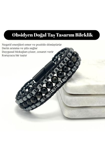 Certified Obsidian Stone Men's Bracelet – with Steel Clasp, Natural Stone Design, Stylish and Unique Accessory