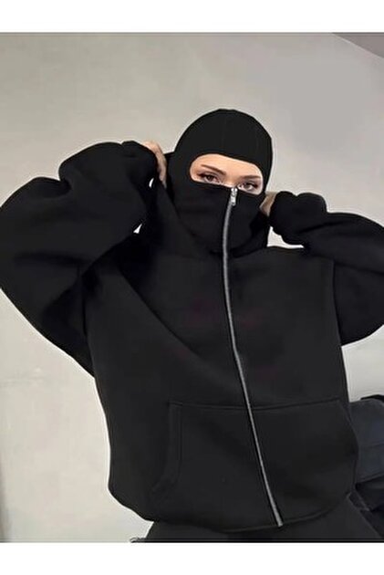 LAND MODA Kar Maskeli Ninja Unisex Sweatshirt Hırka 2iplik kalın