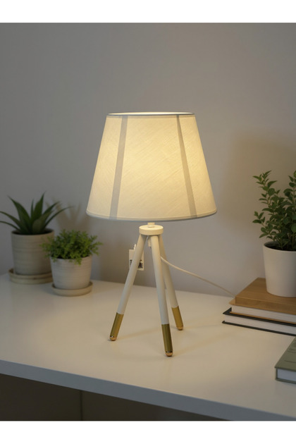 White lamp with three legs and a golden touch, height 45 cm