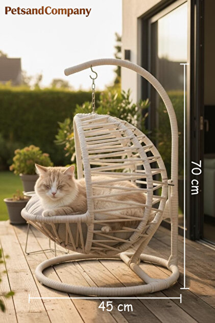El Örgüsü Kedi Salıncağı Krem Hamak ve Yatak, Kadın Emeği Lüks Tasarım Kedi Evi, Minderli