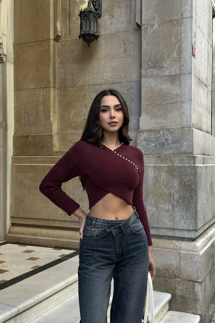 Women's Pearl Detailed K Double-Breasted Collar F Corded Fabric Knitted Long Sleeve Crop Knitwear Blouse