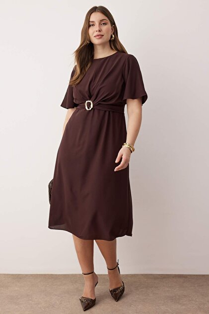 linen midi dress brown Brown Ribbed Long Sleeve Plus Maternity Wrap Nursing Dress – PinkBlush main image 0