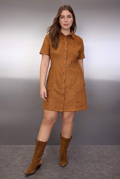 Trendyol Curve Dark Brown Shirt Collar Short Suede Woven Plus Size Dress  Tbbaw26Ah00069