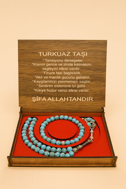 Natural Stone Turquoise Stone Rosary-Bracelet Set with Wooden Box