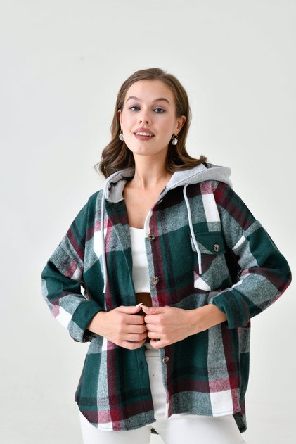 Cămașă-jachetă casual pentru femei, stil lumberjack, cu imprimeu colorat, croială oversized, lejeră și largă, cu glugă dublă