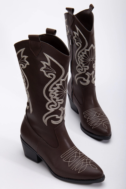 Women's Brown White Special Embroidery Zipper Detailed Cowboy Boots
