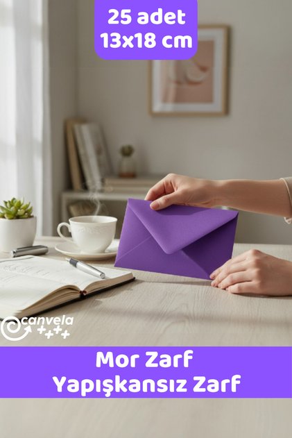 25 Adet 13x18 Cm Mor Zarf Davetiye Lüks Tebrik Kartı Mektup Mühür Cüzdan Büyük Düğün Zarfı