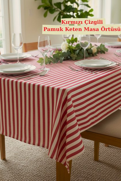 Red Striped Cotton Linen Tablecloth Stylish Modern Tableware Dowry