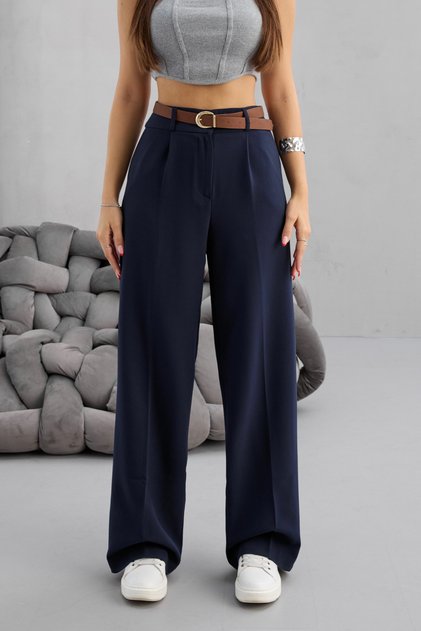 Women's High Waist Belt Detailed Elastic Waist Loose Palazzo Fabric Trousers