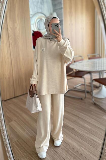 Corded Fabric Sports Hijab Double Set - Stone