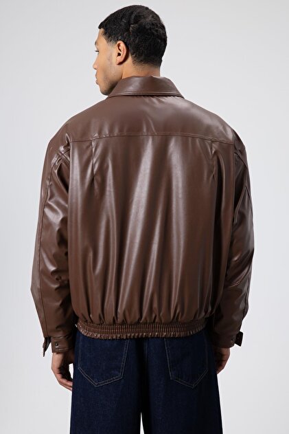 Vamos Basic synthetic leather oversize jacket coffee- Trendyol