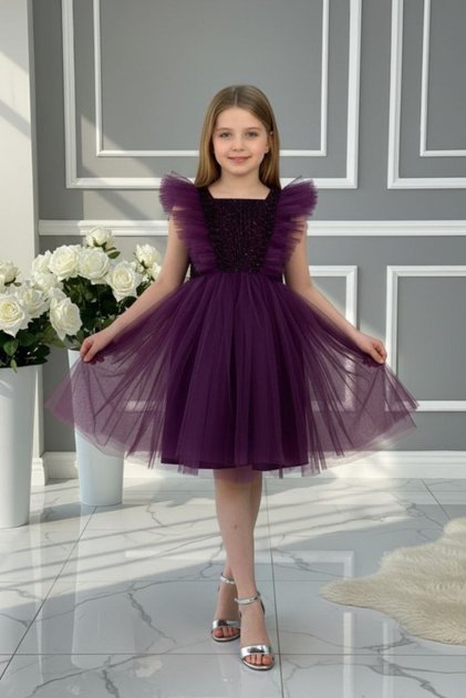 Children's Glittered Tulle Evening Dress - Plum ABY4520