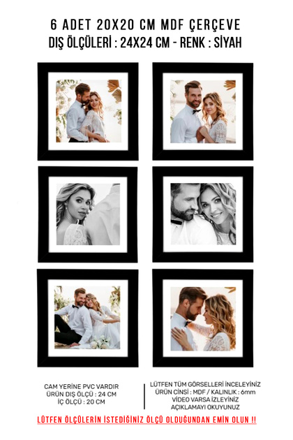 yhfoto 6 Adet 20x20 Çerçeve - Siyah Çerçeve - Mdf Kare Çerçeve
